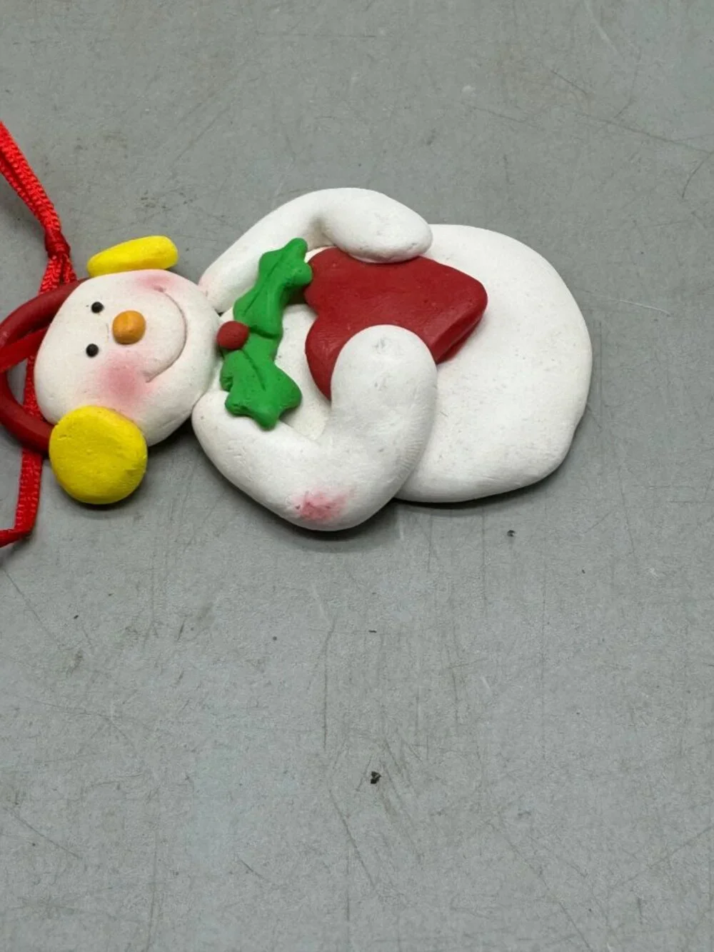 Handmade Christmas Clay Snowman Holding Red Heart Ornament 3